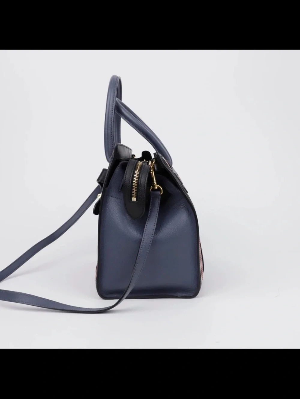 Mulberry Blue and Brown Trim Leather Satchel with Black Strap Detail